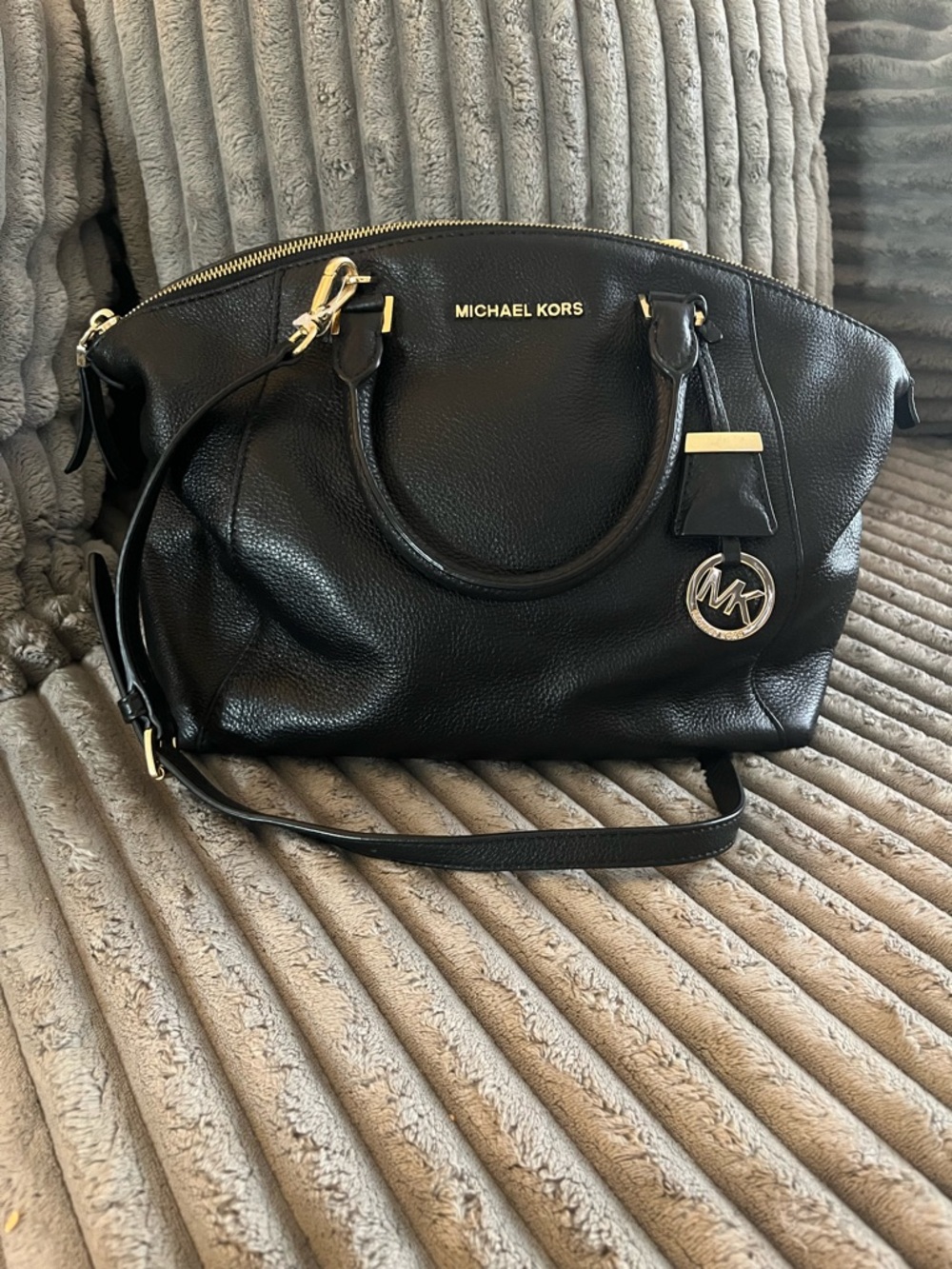 Michael Kors Black Pebbled Leather Satchel with MK Charm